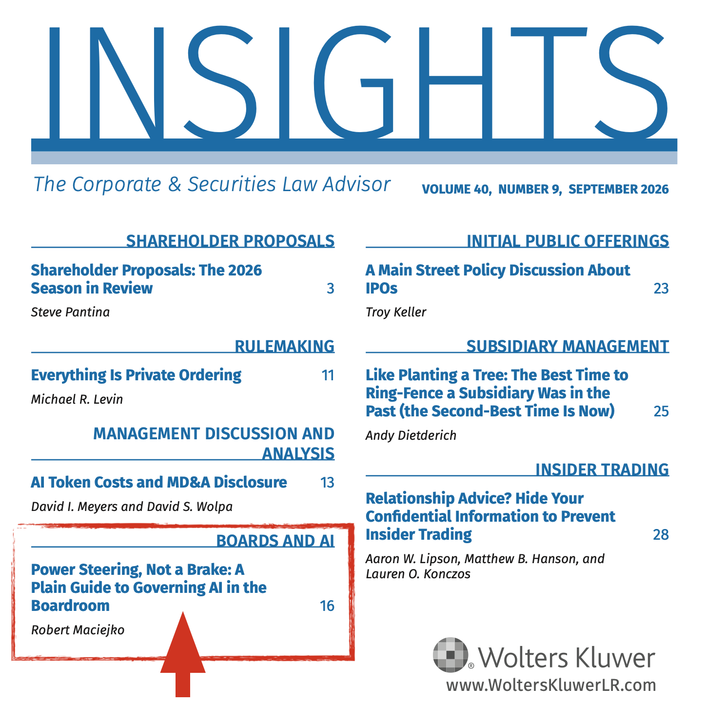 Cover of Insights: The Corporate and Securities Law Advisor, Volume 40, Number 9, September 2026, listing Power Steering, Not a Brake: A Plain Guide to Governing AI in the Boardroom by Robert Maciejko in the Boards and AI section, page 16.