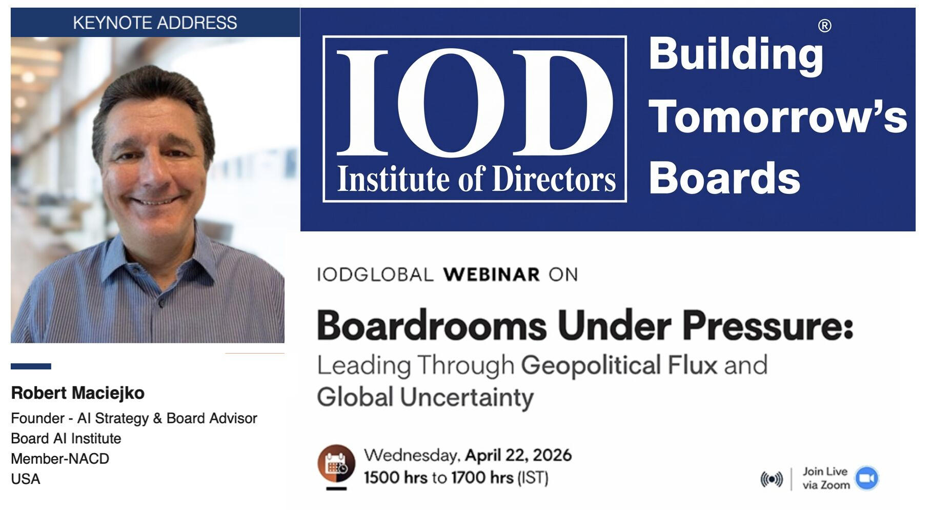 Boardrooms Under Pressure keynote, Institute of Directors Global Webinar